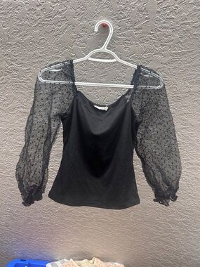Lush Black Puff-Sleeve Sheer mesh Dot Top